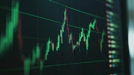 Close-up of a computer screen showing a dynamic financial graph with green and red candlesticks, symbolizing fluctuating market conditions.