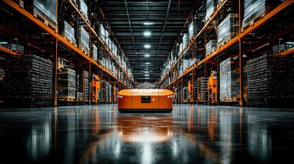 Poster - Warehouse interior featuring orange robots on the floor, spacious layout, vibrant industrial setting with ample lighting enhancing the operational atmosphere