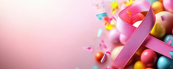 Wall Mural - Pink Ribbon and Confetti on a Pink Background