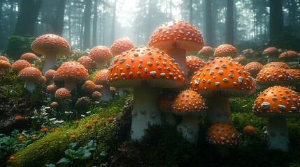 Wall Mural - A cluster of red and white spotted mushrooms grows in a mossy forest, bathed in soft sunlight.