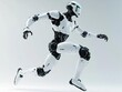 © Sunisa - A full-body android robot captured mid-jump with legs bent and arms spread wide, isolated on a bright background