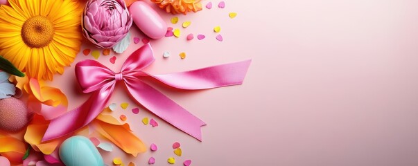 Wall Mural - Pink Floral Background with Ribbon and Confetti