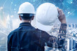 © PREMIUM NEW IMAGE - Photography Back Side View of Engineers and Worker in White Helmets with White Prints and Globe Network Connectivity Lines.