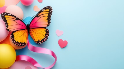 Wall Mural - Colorful Butterfly  Hearts  Ribbon and Balloons on Blue Background