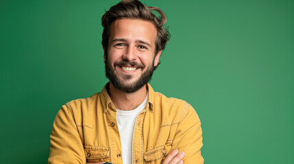 Wall Mural - A man with a beard and a yellow shirt is smiling