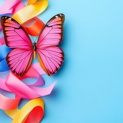 Wall Mural - Pink Butterfly with Colorful Ribbons on Blue Background