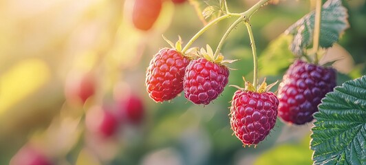 Wall Mural - Close-up of a ripe raspberry branch on a bush in the garden. 