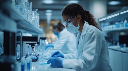 Poster - A woman in a lab coat is wearing a mask and gloves while working with chemicals
