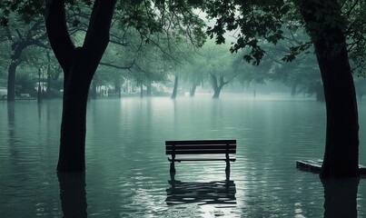Wall Mural - a bench sits in a flooded park. the water is murky and the sky is overcast. the scene is quiet and p