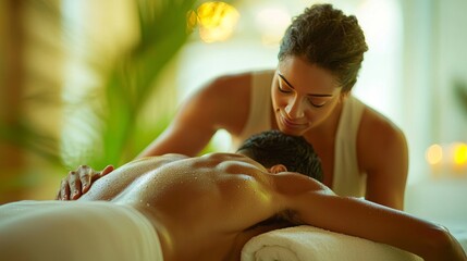 Massage therapist giving a relaxing back massage to client