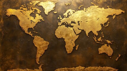 Poster - A gold colored map of the world with a brown background. The map is very detailed and has a lot of gold accents