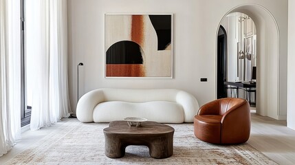 An abstract modern living room, minimalist design, white sofa, terracotta leather armchair, hardwood floors, arched doorway, large geometric abstract painting, patterned rug, neutral color palette, na