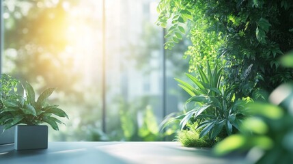 Poster - A potted plant sits on a table in front of a window, with sunlight streaming in