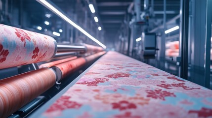 Poster - A long line of fabric rolls with floral patterns. The rolls are being made in a factory. Concept of industry and production