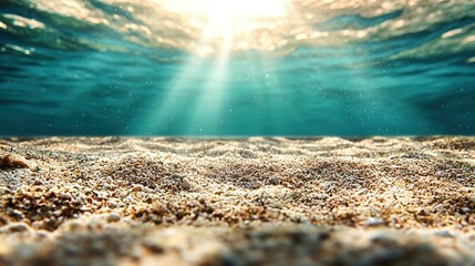 Wall Mural -   Sunlight dances across the water, casting rays onto a sandy shore surrounded by seaweed