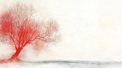 Wall Mural -   Red tree in fog, white sky, water