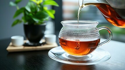 Wall Mural -   A pitcher of tea being poured into a glass teacup on a table with a potted plant in the background