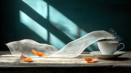 Wall Mural -   A cup of coffee resting on a wooden table near a white cloth on a saucer