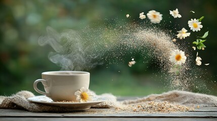 Poster -   A coffee cup resting on a wooden desk with nearby sand and flower cluster