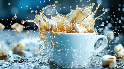 Wall Mural -   A white cup filled with water next to cubed cubes of cubed cubes of cubed