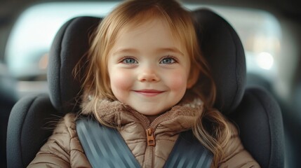 Wall Mural - A young girl is smiling in a car seat