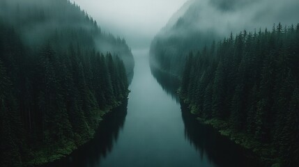 Wall Mural -   Surrounded by forest in the midst of foggy day, body of water on both sides by trees