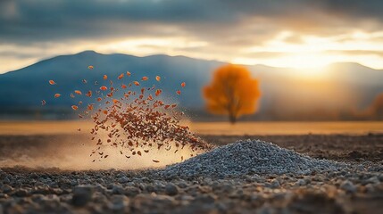 Wall Mural -  A field with a dirt mound at its center, surrounded by trees and distant mountains