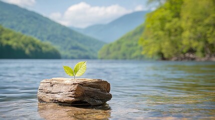 Wall Mural -   A leaf grows from a rock amidst a body of water with mountains in the backdrop