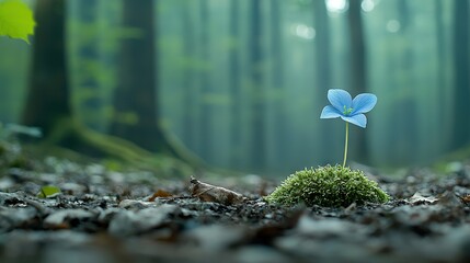 Poster -   Small blue bloom atop verdant grass amidst woodland foliage