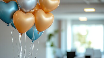 Wall Mural -   Heart-shaped balloons dangling from ceiling, room with table and chairs