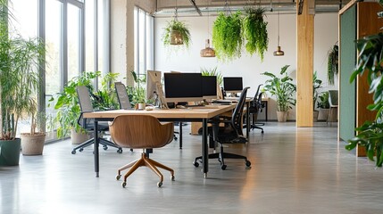 Poster - A workspace with a focus on green business, featuring recycled materials and eco-friendly products, with ample copy space.
