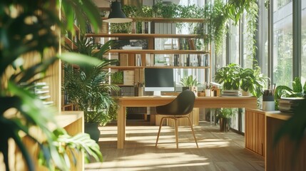 Poster - A workspace with a focus on green business, featuring recycled materials and eco-friendly products, with ample copy space.