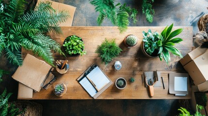 Poster - A workspace with a focus on green business, featuring recycled materials and eco-friendly products, with ample copy space.