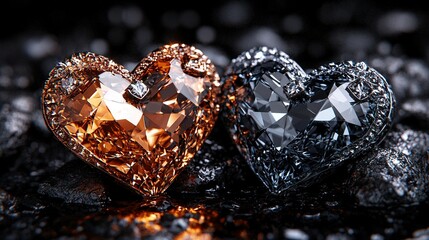 Wall Mural -   A pair of heart-shaped diamond sits atop glittering rocks, black background