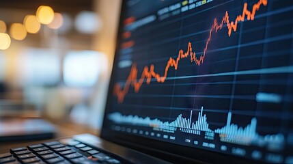 Poster - Close-up of a financial chart with upward trends and stock market data, with a blurred office background -