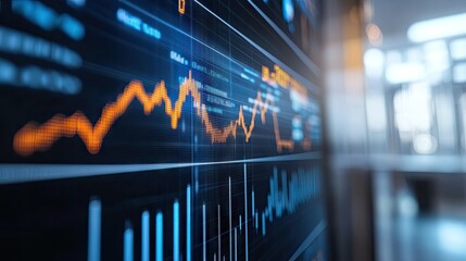 Poster - Close-up of a financial chart with upward trends and stock market data, with a blurred office background -