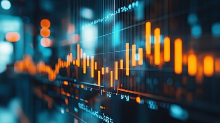 Poster - Close-up of a financial chart with upward trends and stock market data, with a blurred office background -