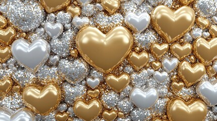 Wall Mural -   A lot of golden and silvery hearts adorned against white and silver backdrop