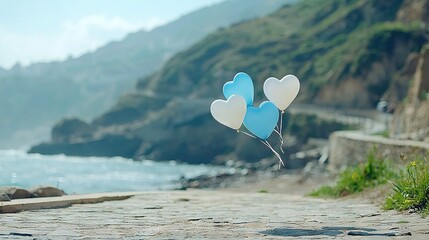   Blue-white heart-shaped balloon bobbing near water, cliff in background