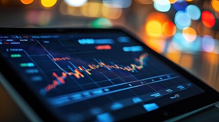 Poster - Close-up of a financial dashboard showing real-time stock prices and line graphs on a tablet -