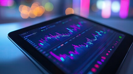 Poster - Close-up of a financial dashboard showing real-time stock prices and line graphs on a tablet -