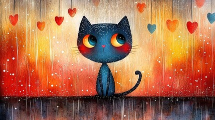 Poster -   A black cat perched on a ledge during rainfall with heart-shaped ornaments dangling from its sides