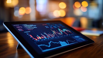 Poster - Close-up of a financial dashboard showing real-time stock prices and line graphs on a tablet -
