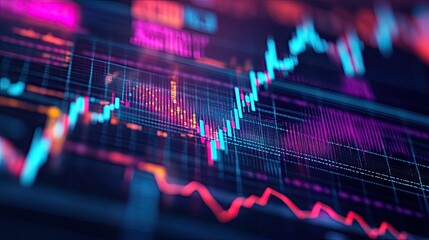 Poster - Close-up of a financial graph with fluctuating stock market trends and colorful line charts on a digital screen