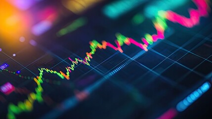 Poster - Close-up of a financial graph with fluctuating stock market trends and colorful line charts on a digital screen