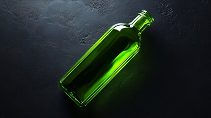 Wall Mural - A dark charcoal background featuring a neon green glass bottle lying horizontally, its glossy surface catching light