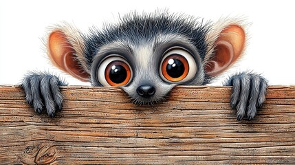 Wall Mural -   A close-up of a small creature peering above a wooden board with its paws gripping the edge