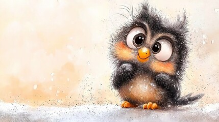 Wall Mural -   An image of a baby owl sitting in snow with large, surprised eyes