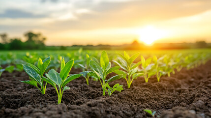 Wall Mural - Young green plants growing in fertile soil at sunset, a symbol of new life and growth