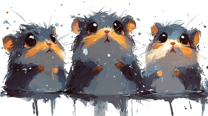 Wall Mural -   Three tiny hamsters huddled together atop a painted paper with splatters